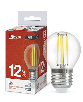 Лампа светодиодная LED-ШАР-deco 12Вт 230В Е27 4000К 1350Лм прозрачная IN HOME, Лампы светодиодные филамент	